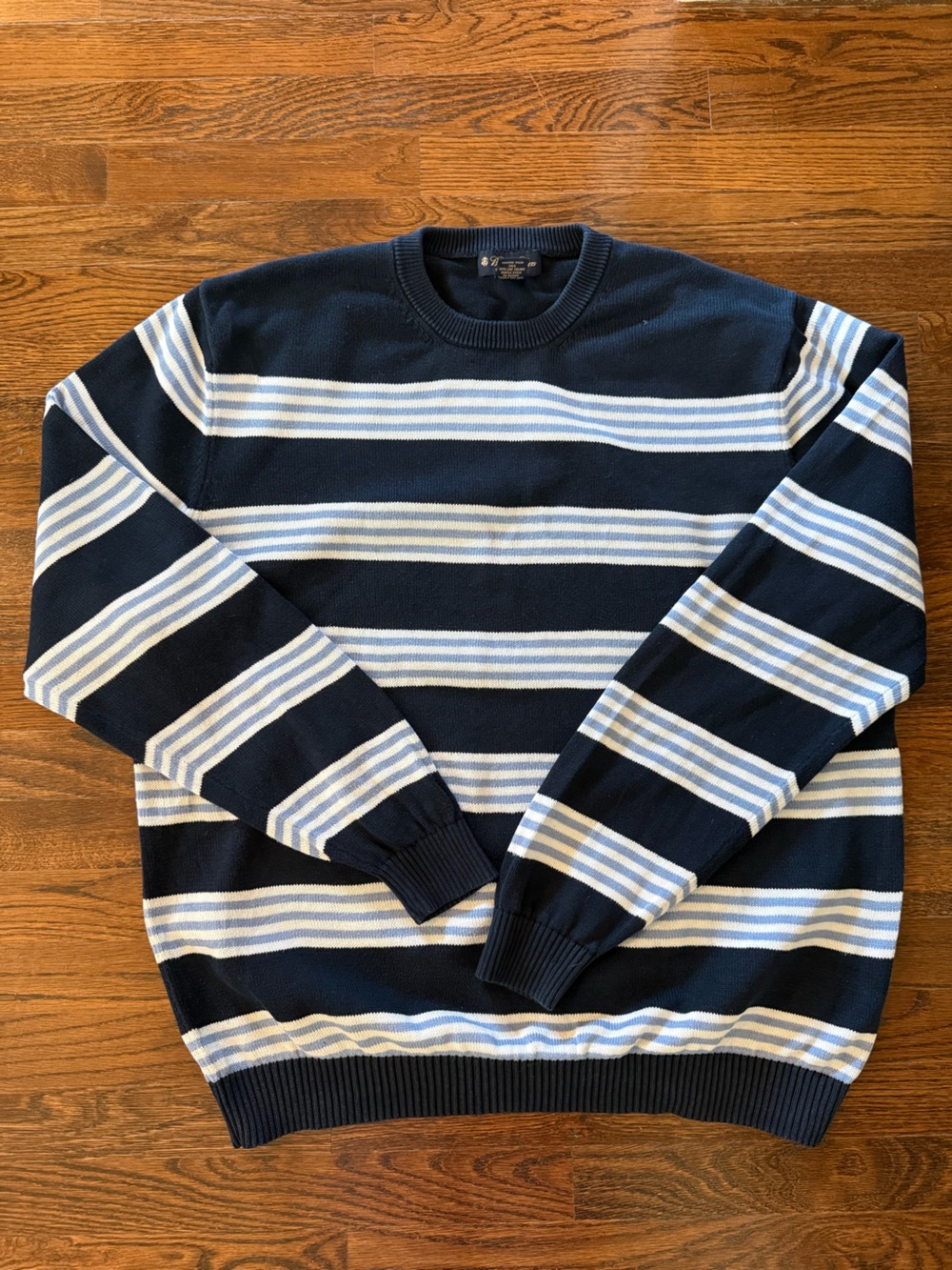 Brooks Brothers Navy Crewneck Sweater with Light Blue and White Stripes